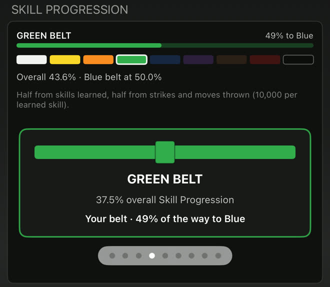 Belt card: Green belt, 43.6% overall, 49% of the way to Blue