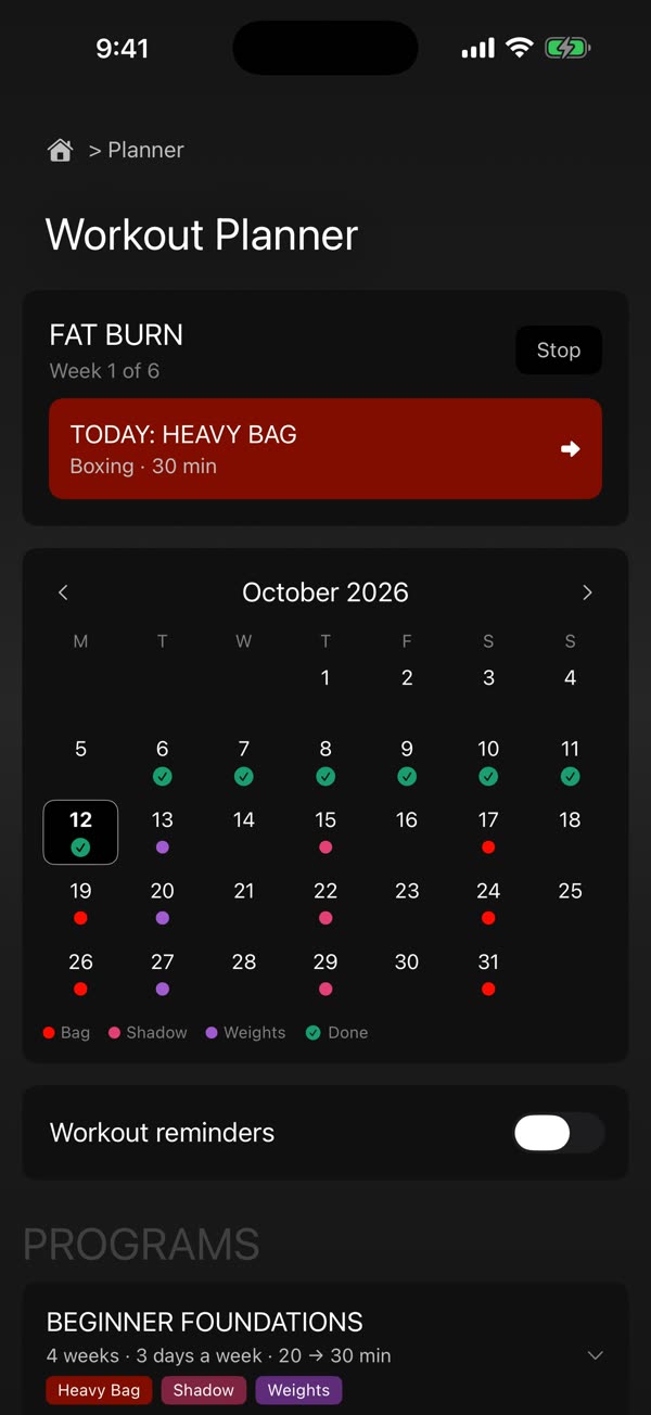Workout Planner with programs and a weekly calendar