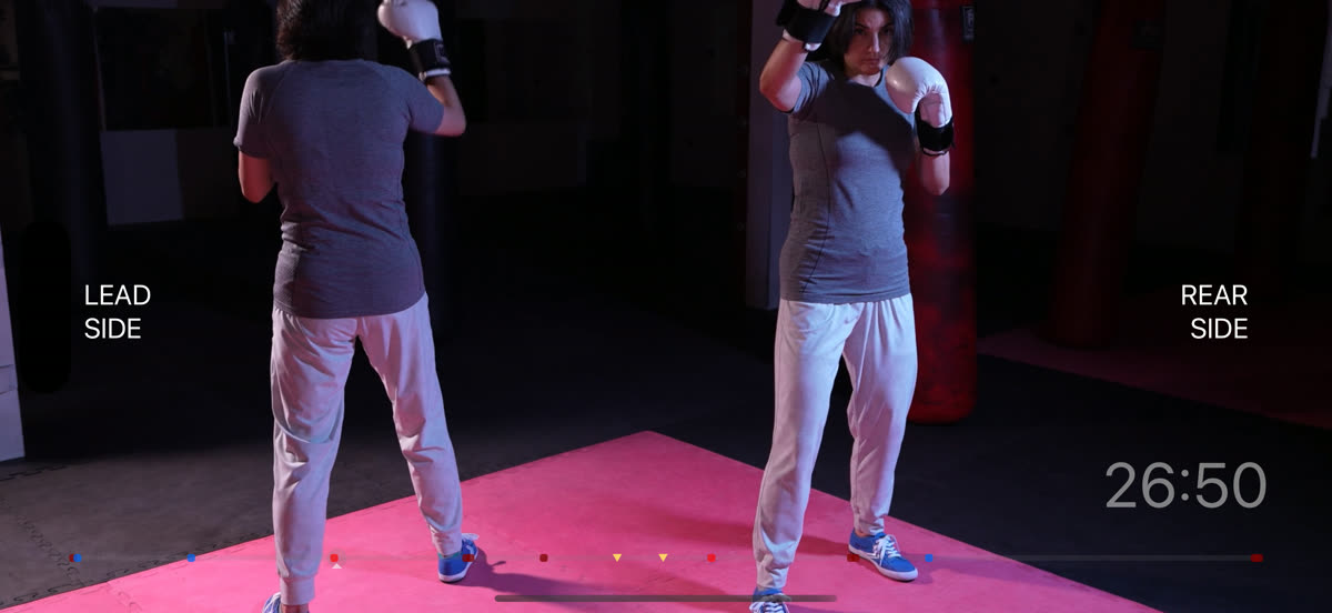 A tutorial in the One Two Hook workout video, front and back view with lead and rear side labels